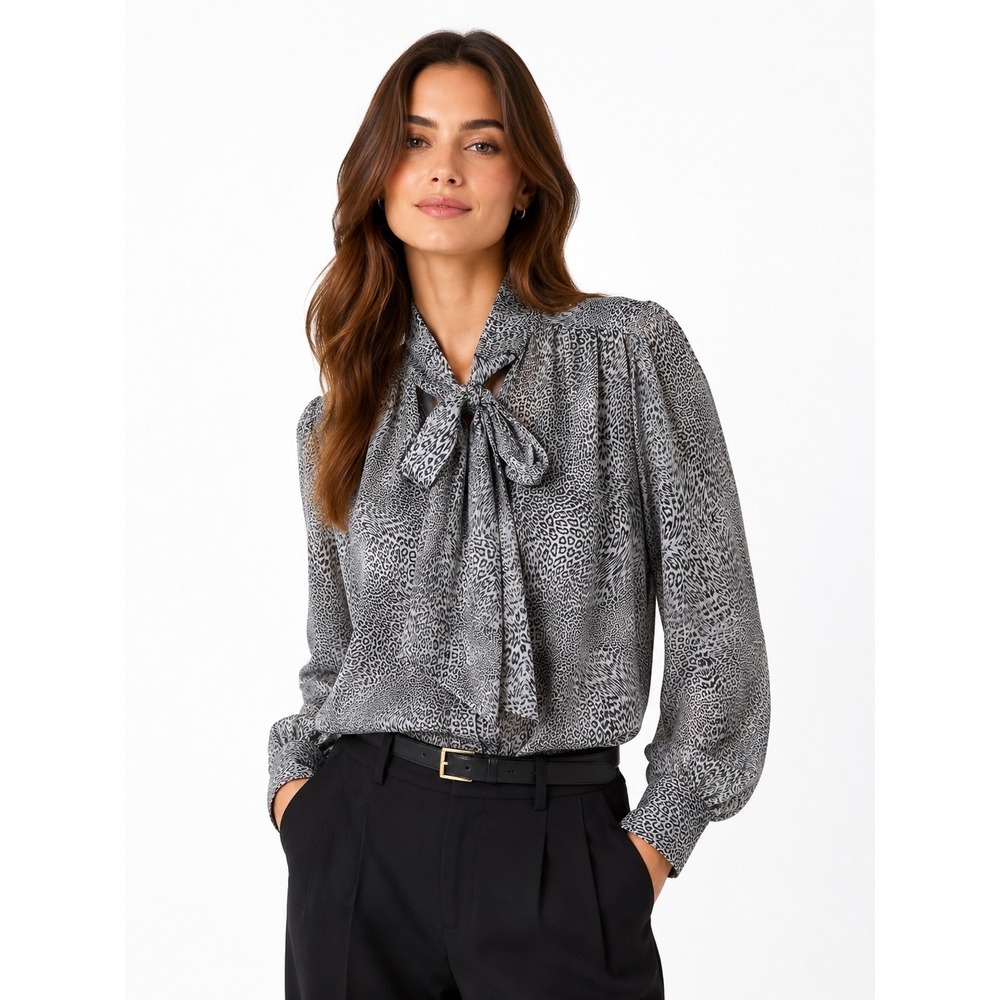 Ramy Brook New York Silk Leopard Print Tie Neck‎ Blouse Grey Black XS RN141698